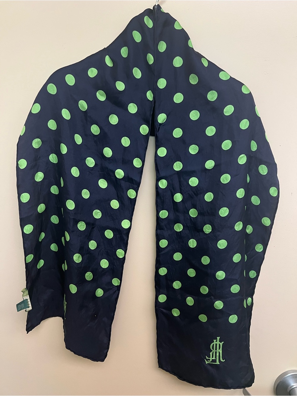 Ralph Lauren Navy Silk Scarf with Lime Green Polka Dots
